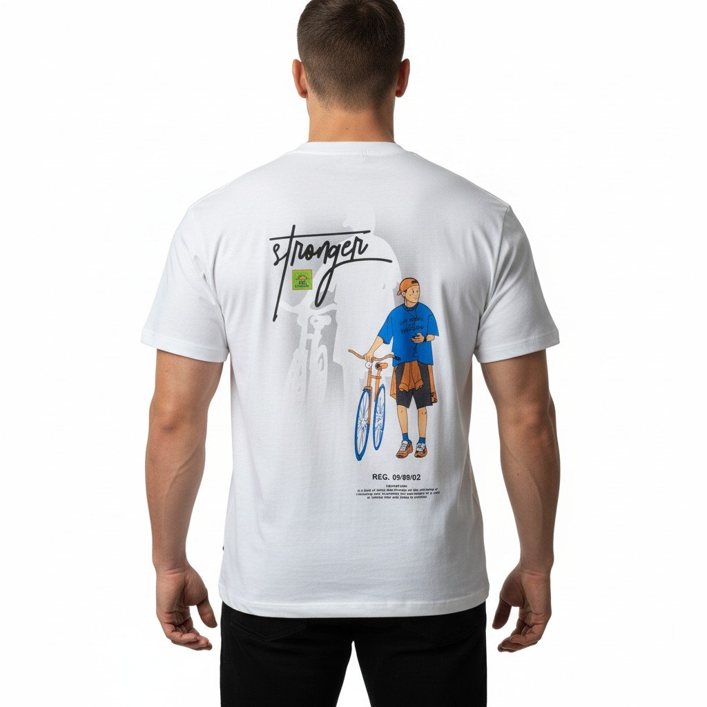 تيشرت رجالي أبيض بطبعة Stronger وشخصية الدراجة – White Stronger Graphic T-Shirt - الصورة 3