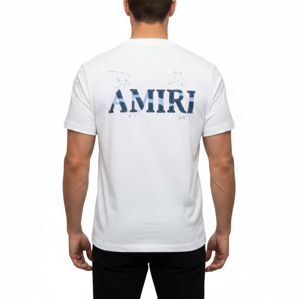 تيشرت أميري رجالي أبيض برقعة MA الدنيم وطبعة شعار خلفية – Amiri - الصورة 3