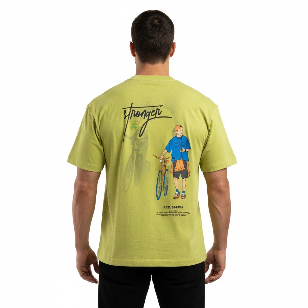 تيشرت رجالي أخضر تفاحي بطبعة Stronger وشخصية الدراجة – Green Stronger Graphic T-Shirt - الصورة 3