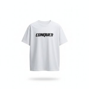 تيشرت شبابي رجالي أبيض بطبعة النمر وكلمة CONQUER – White Conquer Panther T-Shirt