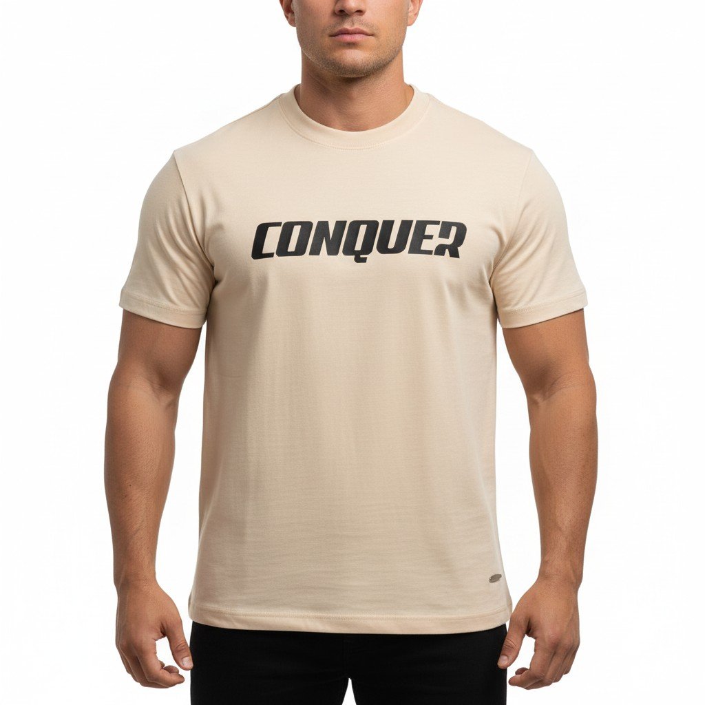 تيشرت شبابي رجالي بيج بطبعة CONQUER – Beige Conquer T-Shirt - الصورة 2