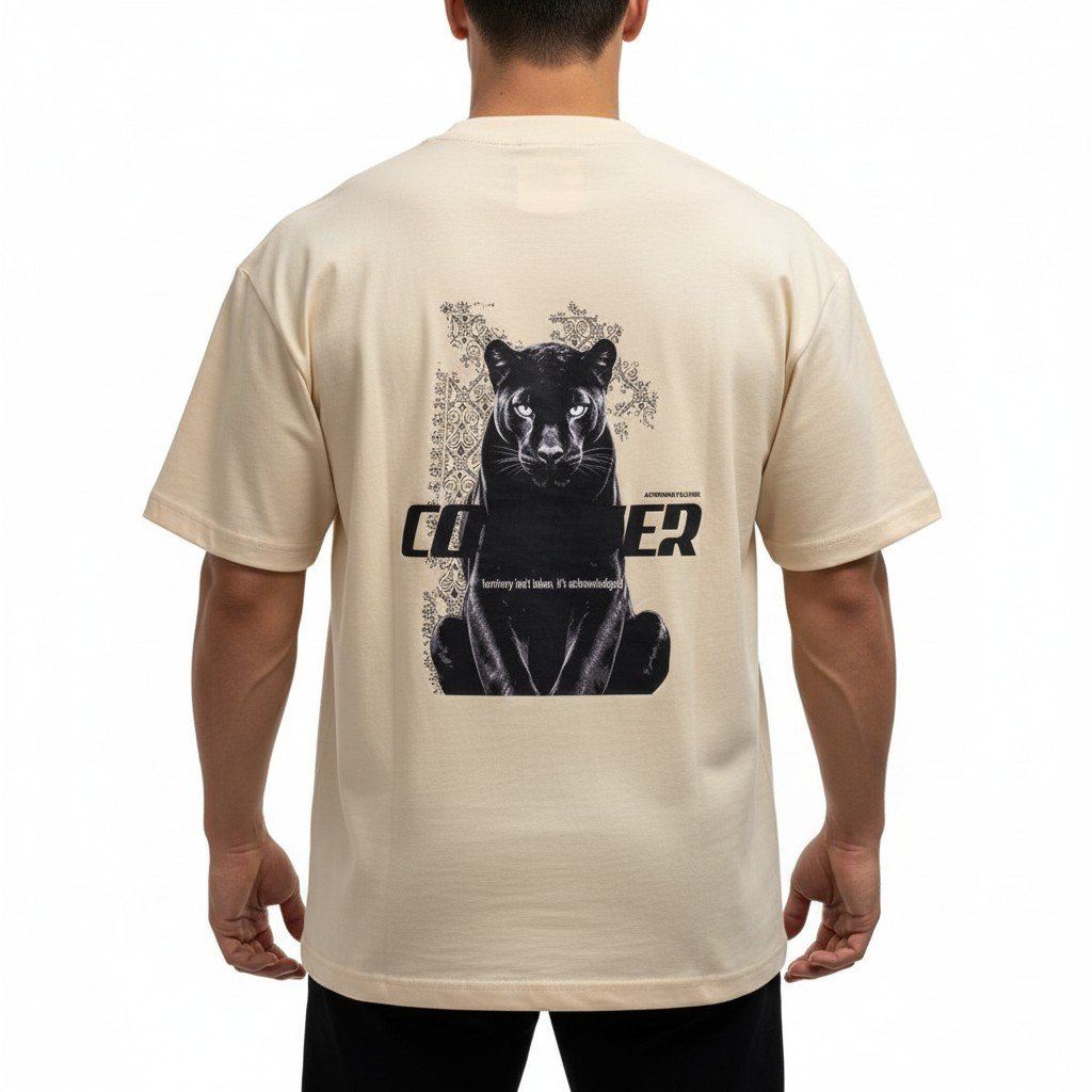 تيشرت شبابي رجالي بيج بطبعة CONQUER – Beige Conquer T-Shirt - الصورة 3