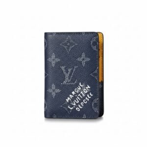 حقيبة بطاقات لويس فيتون بنقشة المونوغرام باللون الكحلي والداخلي الأصفر ومطبوعات الماركة – Louis Vuitton Monogram Heritage Navy & Yellow Pocket Organizer Wallet