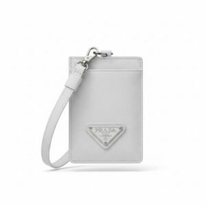 حاملة بطاقات وتعليقة هويّة برادا من جلد سافيانو باللون الأبيض الناصع – Prada Saffiano Leather Badge Holder White