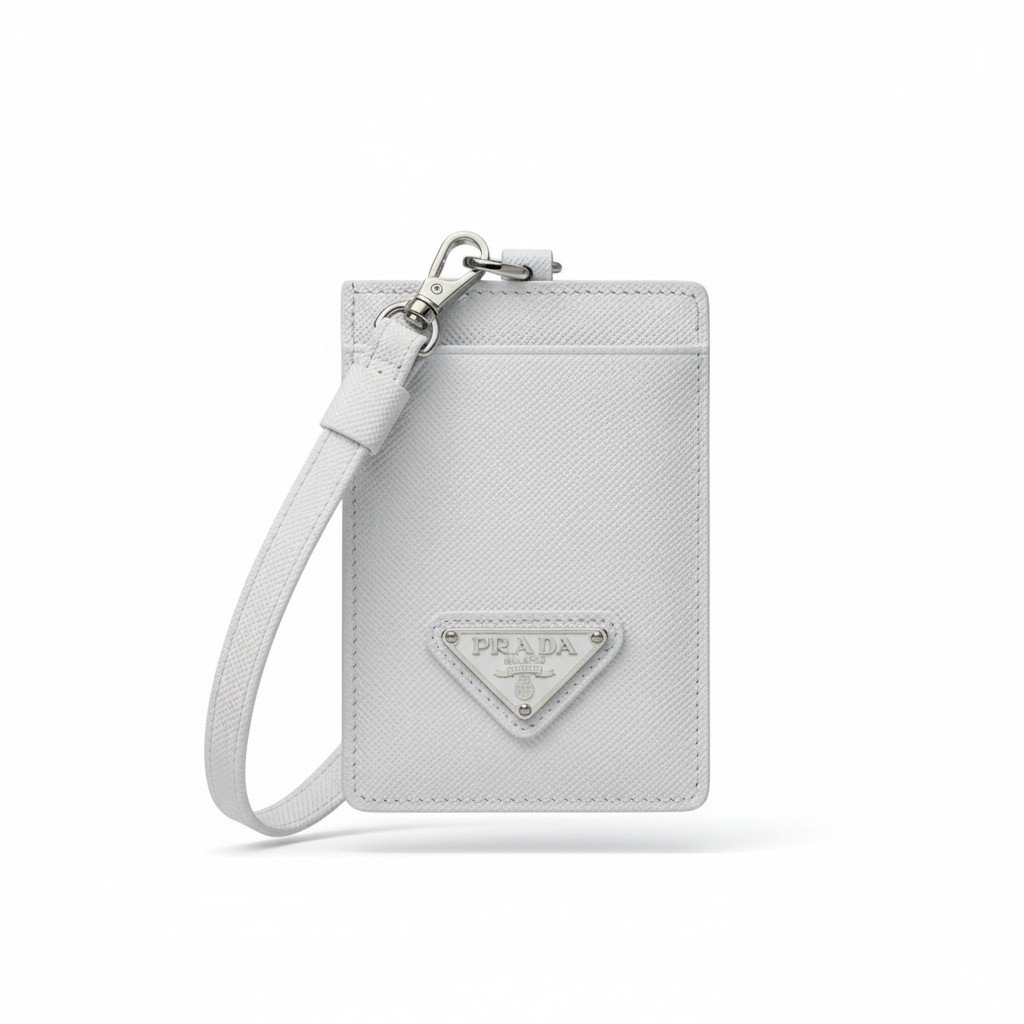 حاملة بطاقات وتعليقة هويّة برادا من جلد سافيانو باللون الأبيض الناصع – Prada Saffiano Leather Badge Holder White