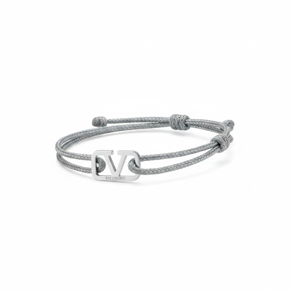 سوار فالنتينو قماش باللون الرمادي وشعار VLogo فضي – Valentino Cord Bracelet Grey & Silver