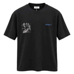 تيشرت قطني أوف وايت أسود بطبعة جرافيك أمامية وخلفية – Off-White Black Printed Cotton T-Shirt