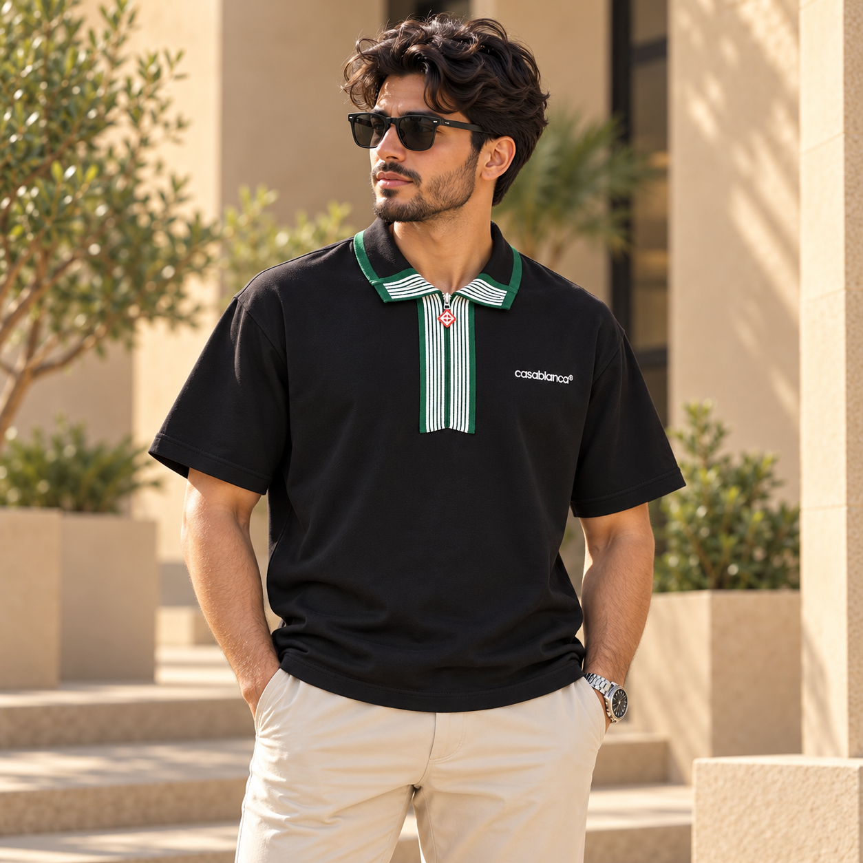 تيشرت بولو كازابلانكا بياقة سحاب وتفاصيل مخططة – Casablanca Black Zip-Up Polo Shirt - الصورة 2