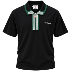 تيشرت بولو كازابلانكا بياقة سحاب وتفاصيل مخططة – Casablanca Black Zip-Up Polo Shirt