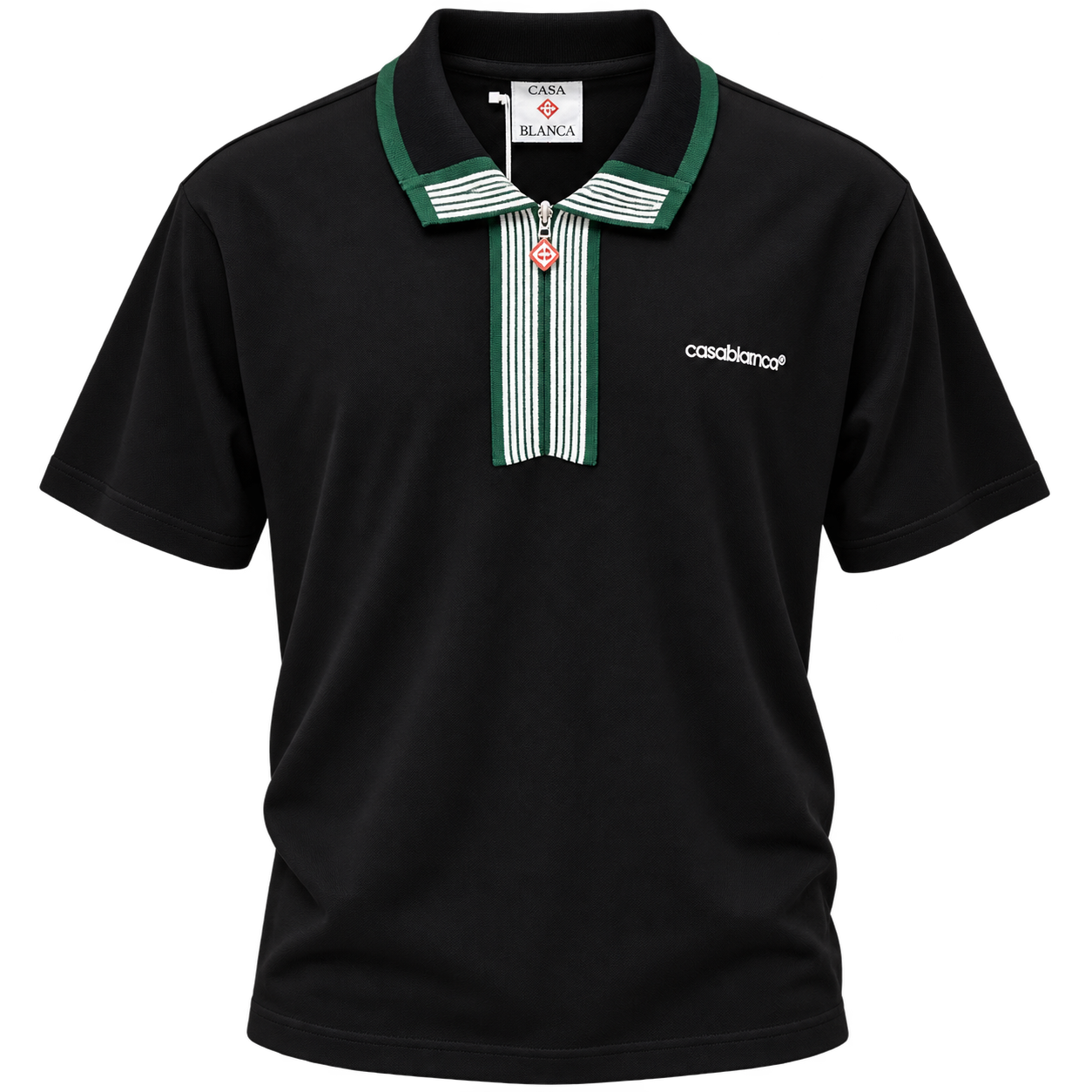 تيشرت بولو كازابلانكا بياقة سحاب وتفاصيل مخططة – Casablanca Black Zip-Up Polo Shirt