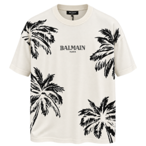 تيشيرت بالمين رجالي عاجي بطبعات نخيل سوداء – Balmain Paris Palm Tree T-Shirt