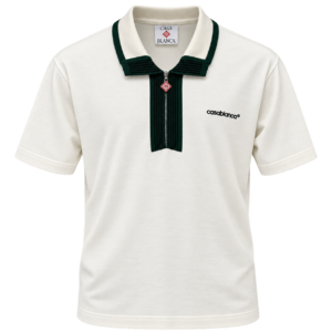 تيشرت بولو كازابلانكا باللون الأوف وايت بياقة سحاب وتفاصيل خضراء – Casablanca Cream Zip-Up Polo Shirt