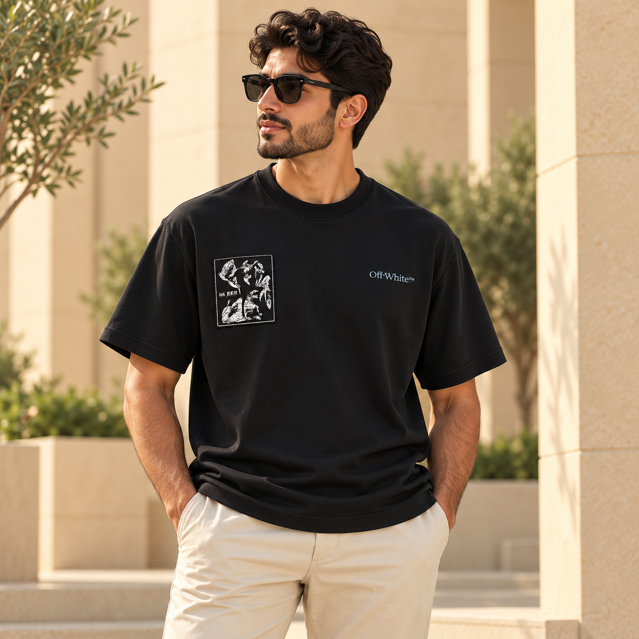 تيشيرت أوف وايت رجالي أسود برقعة فنية وشعار على الصدر – Off-White Black Art Patch T-Shirt - الصورة 2