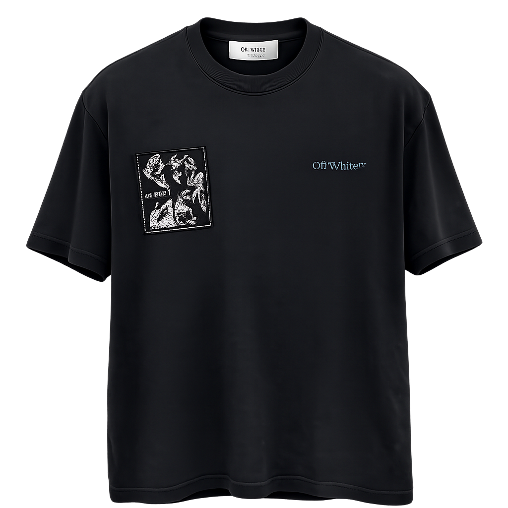 تيشيرت أوف وايت رجالي أسود برقعة فنية وشعار على الصدر – Off-White Black Art Patch T-Shirt
