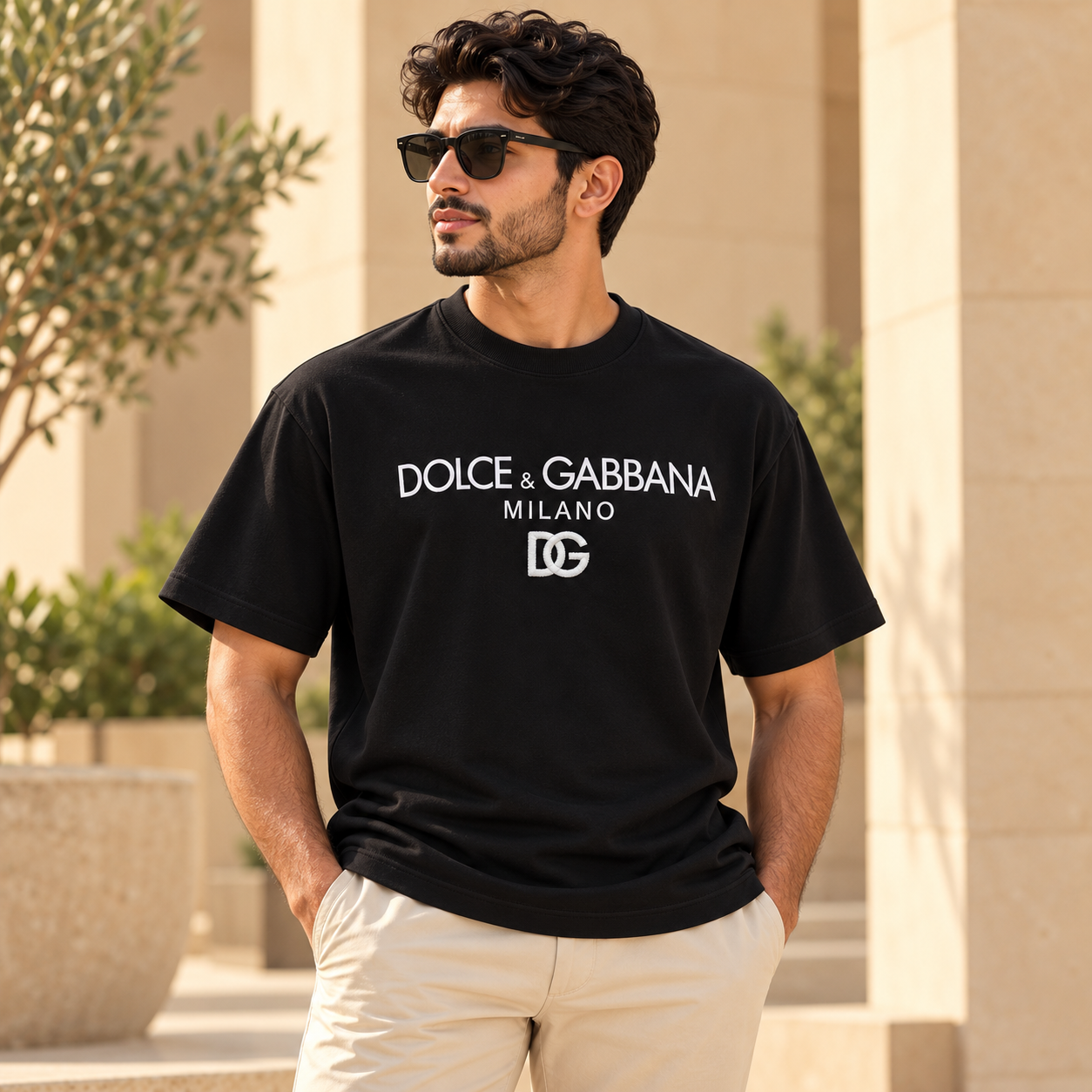 تيشيرت دولتشي آند غابانا رجالي أسود بشعار DG أبيض – Dolce & Gabbana Milano T-Shirt - الصورة 2