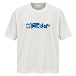 تيشرت قطني أوف وايت باللون الأبيض وطباعة الشعار الأزرق – Off-White White Logo Cotton T-Shirt