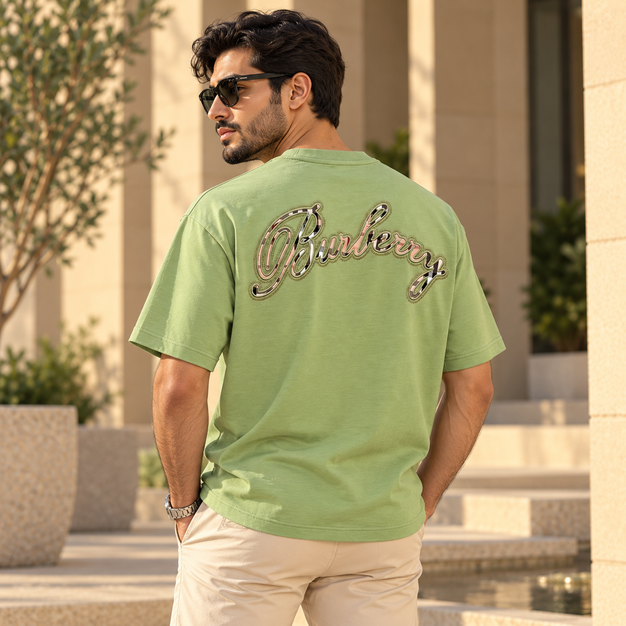 تيشيرت بربري رجالي أخضر فاتح بشعار خلفي مطرز – Burberry Green Logo T-Shirt - الصورة 2