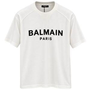 تيشيرت بالمين رجالي أبيض بشعار أسود – Balmain Paris White T-Shirt