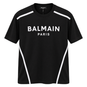 تيشيرت بالمين رجالي أسود بخطوط بيضاء وشعار أمامي – Balmain Paris Black T-Shirt