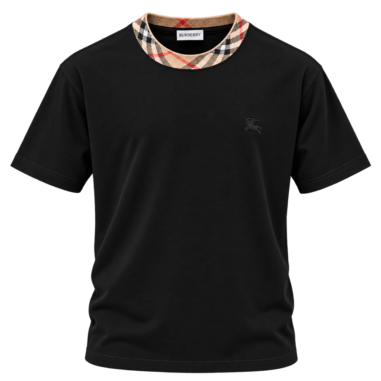 تيشيرت بربري رجالي أسود بياقة كاروهات وشعار مطرز – Burberry Black T-Shirt