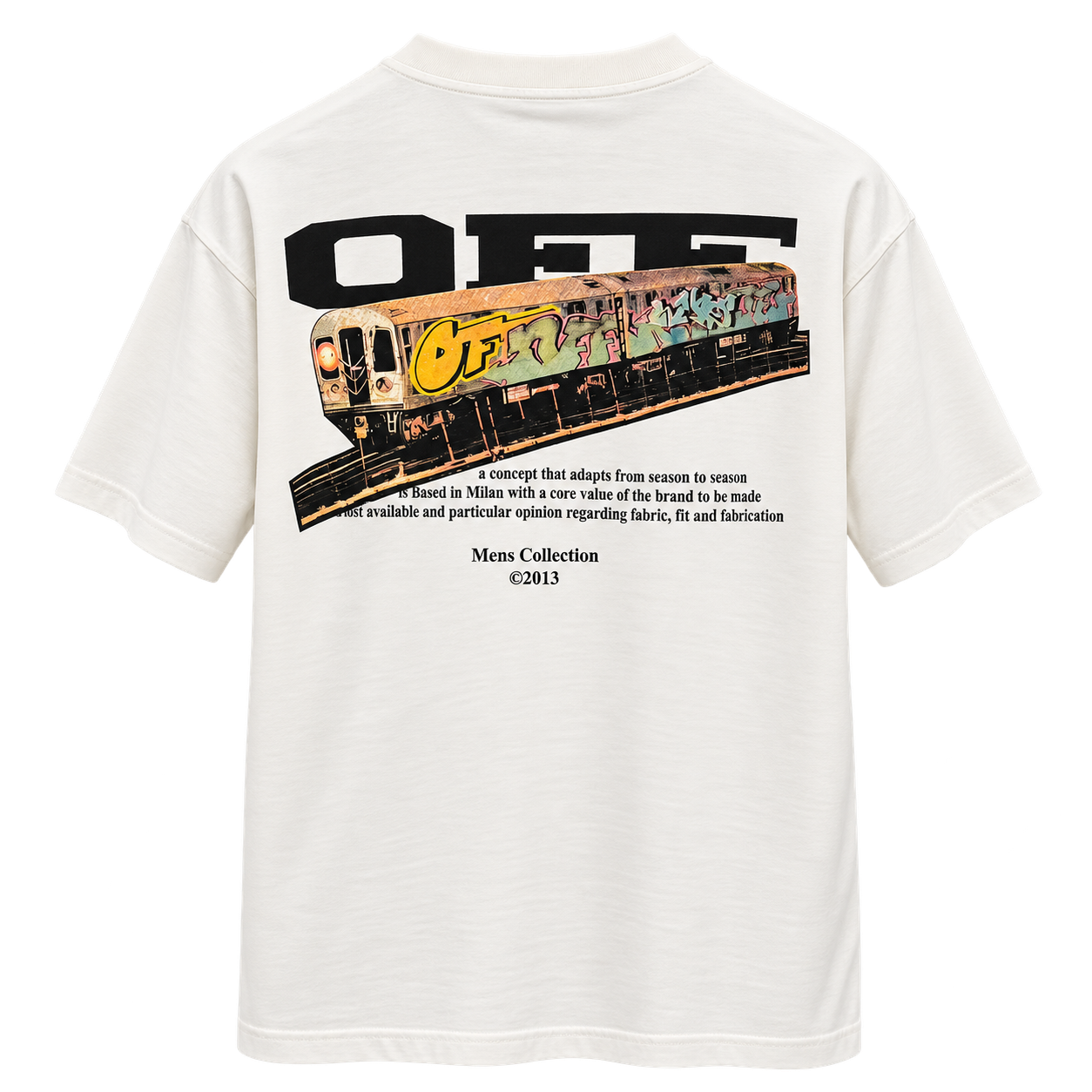 تيشيرت أوف وايت رجالي أبيض بطباعة قطار جرافيتي خلفية – Off-White Train T-Shirt