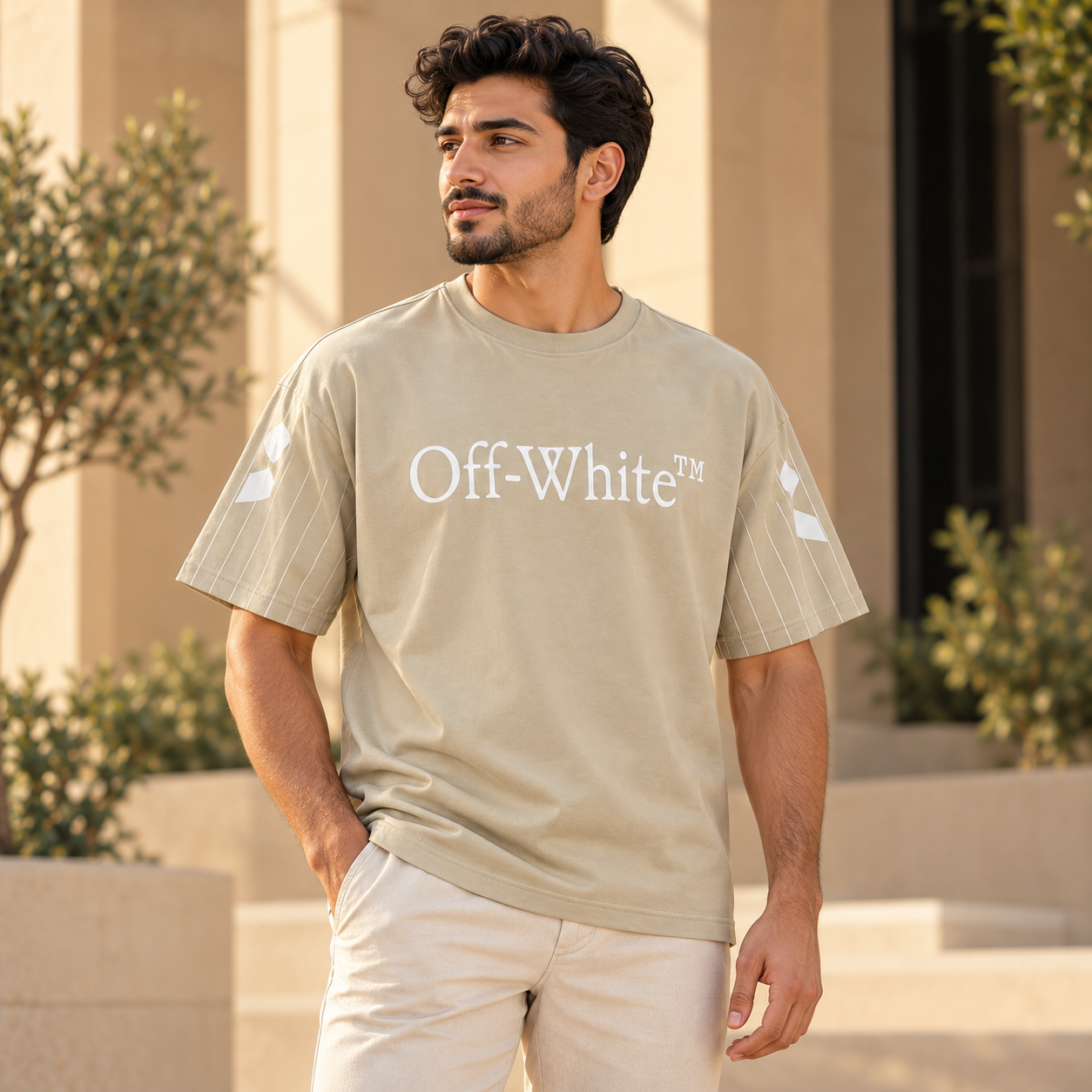 تيشيرت أوف وايت رجالي بيج بشعار أبيض وأكمام مخططة – Off-White Beige T-Shirt - الصورة 2