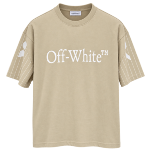 تيشيرت أوف وايت رجالي بيج بشعار أبيض وأكمام مخططة – Off-White Beige T-Shirt