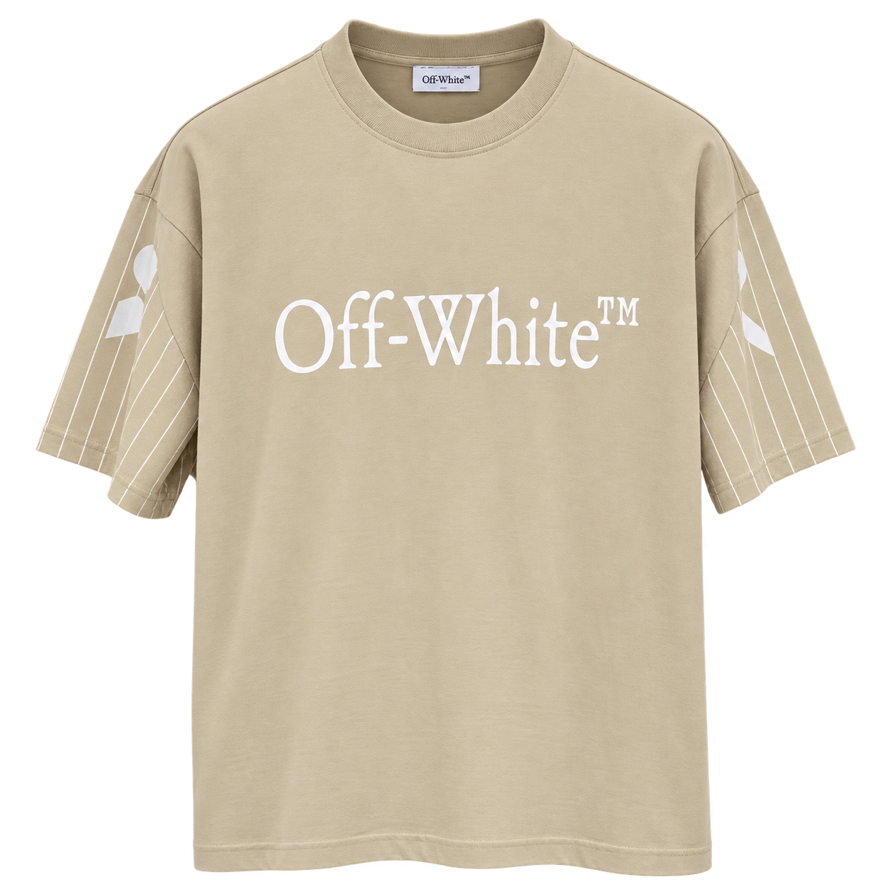 تيشيرت أوف وايت رجالي بيج بشعار أبيض وأكمام مخططة – Off-White Beige T-Shirt