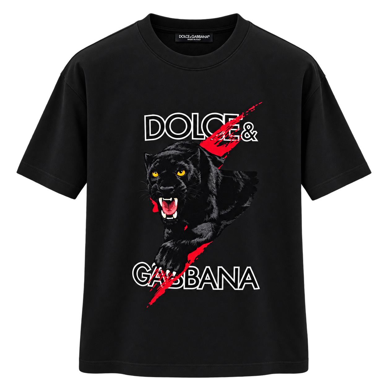 تيشيرت دولتشي آند غابانا رجالي أسود بطبعة النمر الأسود – Dolce & Gabbana Black Panther T-Shirt