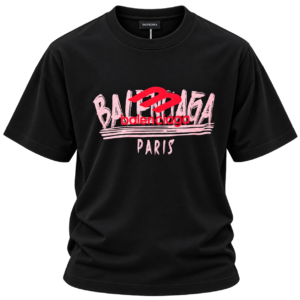 تيشيرت بالنسياغا رجالي أسود بطبعة باريس الوردية والحمراء – Balenciaga Paris T-Shirt