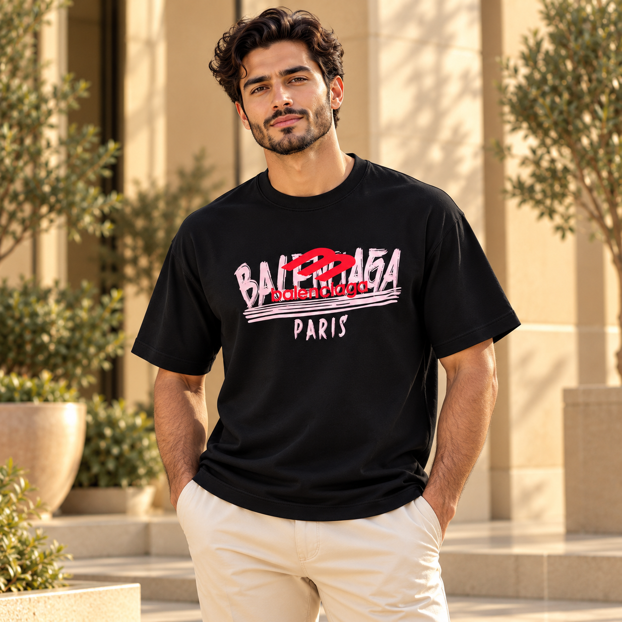 تيشيرت بالنسياغا رجالي أسود بطبعة باريس الوردية والحمراء – Balenciaga Paris T-Shirt - الصورة 2