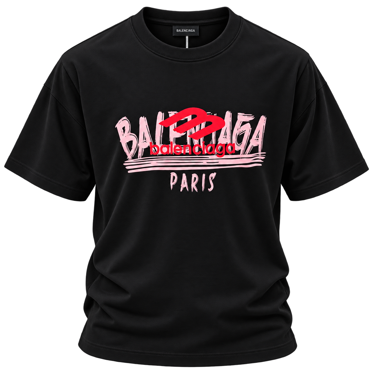 تيشيرت بالنسياغا رجالي أسود بطبعة باريس الوردية والحمراء – Balenciaga Paris T-Shirt