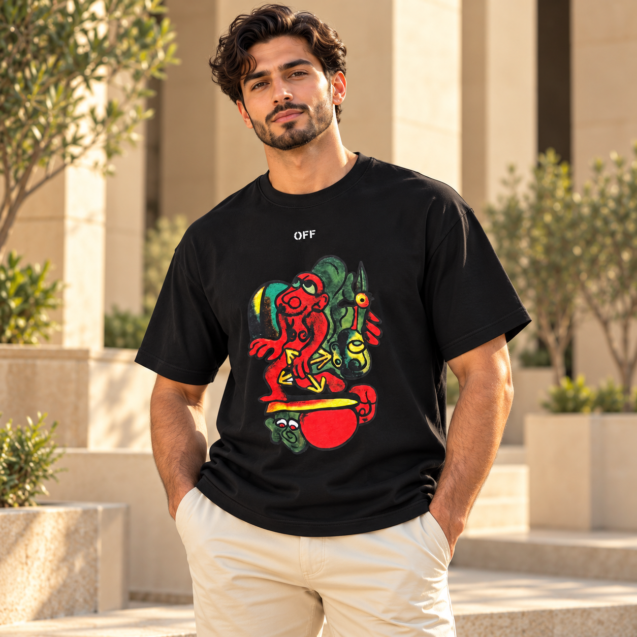 تيشيرت أوف وايت رجالي أسود بطبعة كرتونية ملونة – Off-White Graphic T-Shirt - الصورة 2