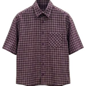 قميص كاروهات بوكسي كم قصير باللون العودي – Men's Burgundy Plaid Boxy Short Sleeve Shirt