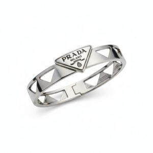 سوار برادا فضي صلب بشعار المثلث الأيقوني – Prada Triangle Logo Silver Bangle
