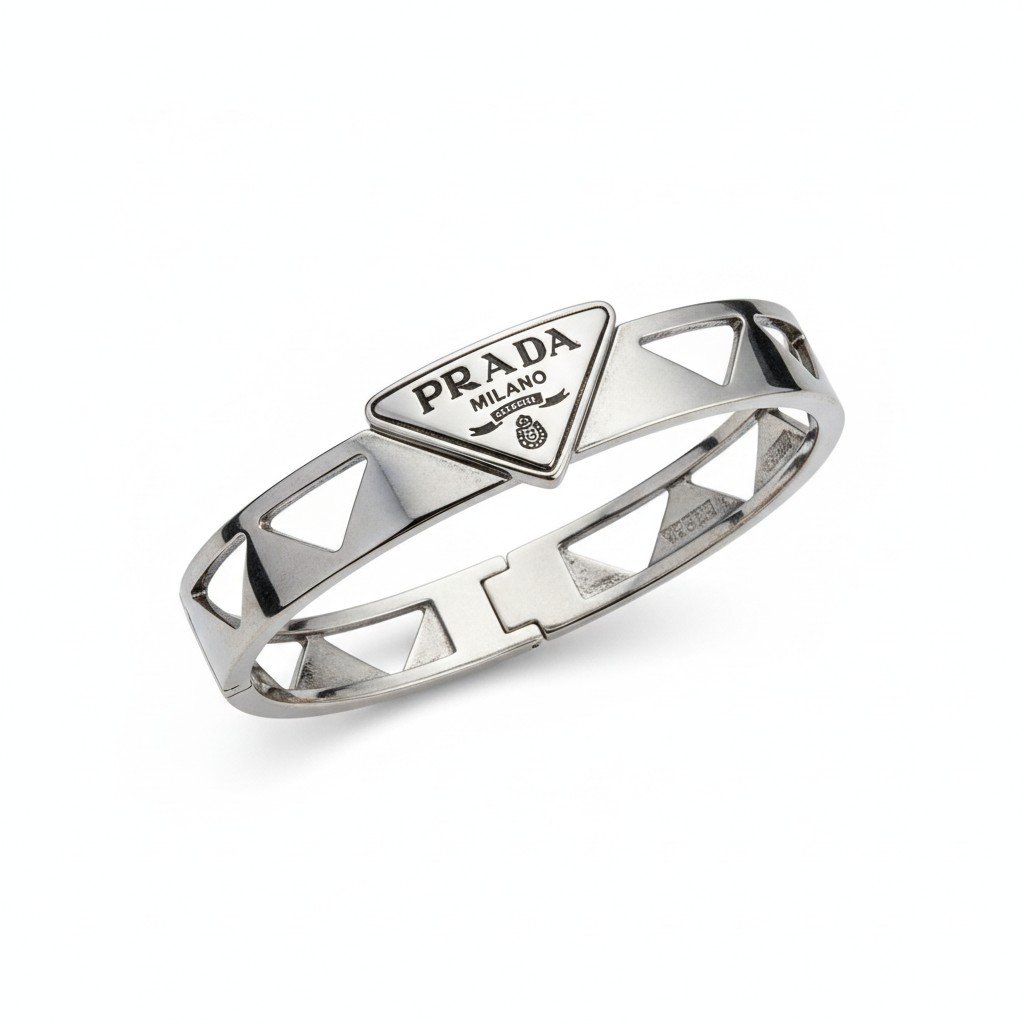 سوار برادا فضي صلب بشعار المثلث الأيقوني – Prada Triangle Logo Silver Bangle