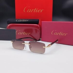 نظارات شمسية كارتييه ذهبية بدون إطار مستطيلة الشكل وعدسات بني متدرج Cartier Gold Rimless Rectangular Gradient Sunglasses