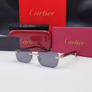 نظارات شمسية كارتييه ذهبية بدون إطار مستطيلة الشكل وعدسات سوداء داكنة Cartier Gold Rimless Rectangular Black Sunglasses