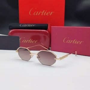 نظارات شمسية كارتييه ذهبية بدون إطار هندسية سداسية الشكل وعدسات بني متدرج Cartier Gold Rimless Hexagonal Gradient Sunglasses