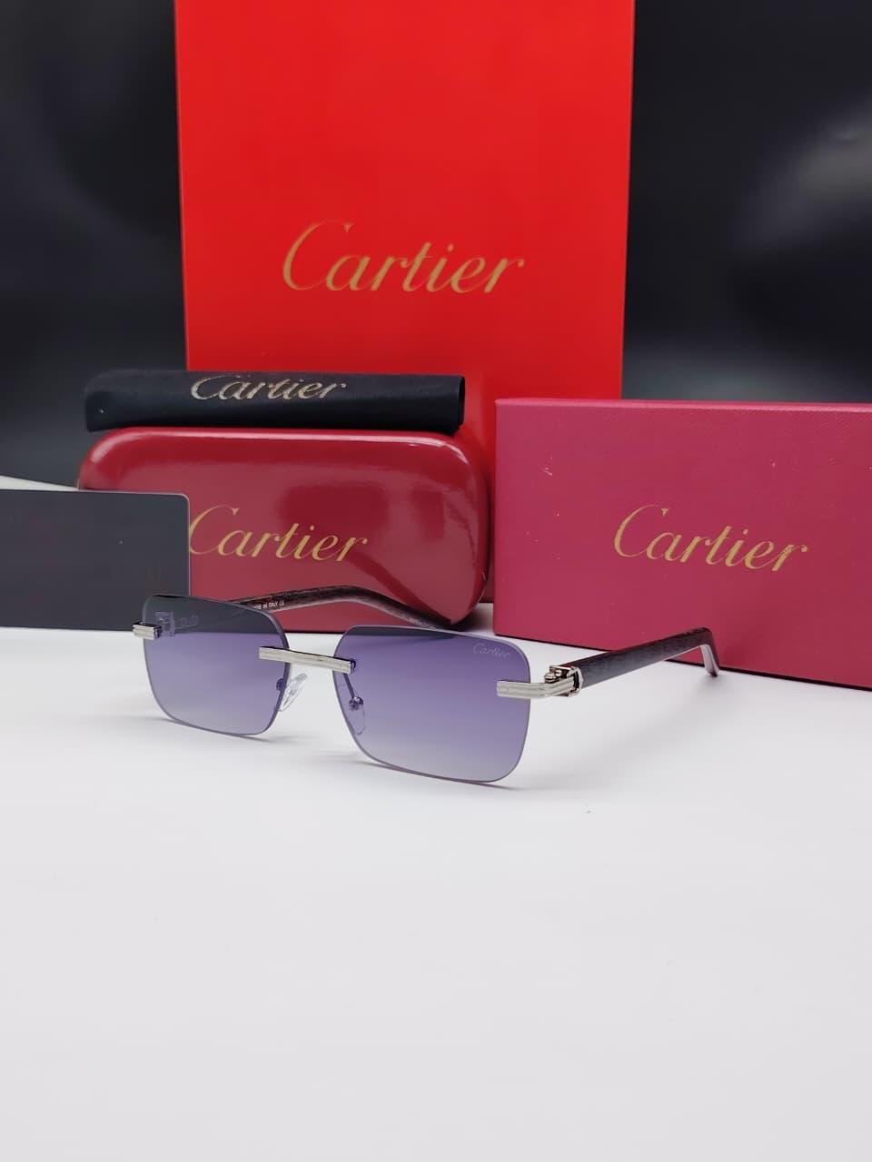 نظارات شمسية كارتييه فضية بدون إطار مستطيلة الشكل وعدسات بنفسجي متدرج Cartier Silver Rimless Rectangular Purple Gradient Sunglasses