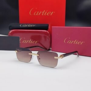 نظارات شمسية كارتييه ذهبية بدون إطار مستطيلة الشكل وعدسات بني متدرج Cartier Gold Rimless Rectangular Brown Gradient Sunglasses