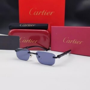 نظارات شمسية كارتييه سوداء بدون إطار مستطيلة الشكل وعدسات كحلي/رمادي داكن Cartier Black Rimless Rectangular Dark Grey Sunglasses