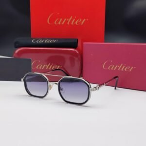 نظارات شمسية كارتييه فضية وسوداء بإطار هندسي وجسر مزدوج وعدسات متدرجة Cartier Silver & Black Hexagonal Double Bridge Gradient Sunglasses
