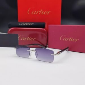 نظارات شمسية كارتييه فضية بدون إطار مستطيلة الشكل وعدسات بنفسجي متدرج Cartier Silver Rimless Rectangular Purple Gradient Sunglasses