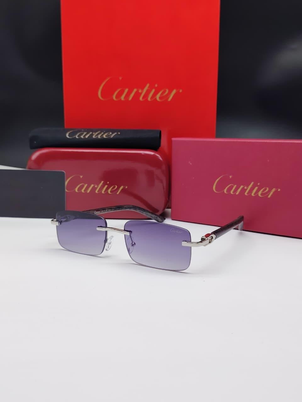 نظارات شمسية كارتييه فضية بدون إطار مستطيلة الشكل وعدسات بنفسجي متدرج Cartier Silver Rimless Rectangular Purple Gradient Sunglasses