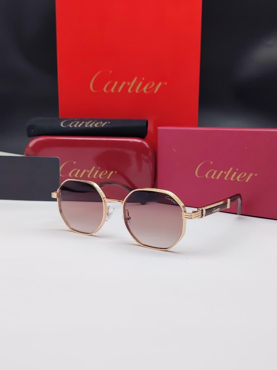 نظارات شمسية كارتييه ذهبية بإطار هندسي سداسي الشكل وعدسات بني متدرج Cartier Gold Hexagonal Brown Gradient Sunglasses
