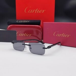 نظارات شمسية كارتييه سوداء بدون إطار مستطيلة الشكل وعدسات رمادية داكنة Cartier Black Rimless Rectangular Grey Sunglasses
