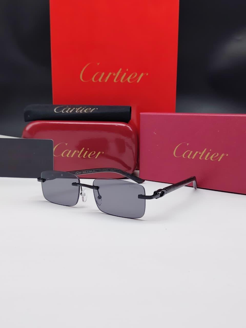 نظارات شمسية كارتييه سوداء بدون إطار مستطيلة الشكل وعدسات رمادية داكنة Cartier Black Rimless Rectangular Grey Sunglasses