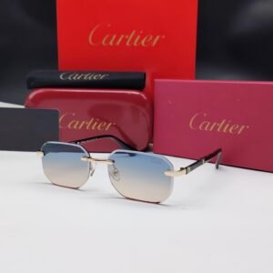 نظارات شمسية كارتييه ذهبية بدون إطار مستطيلة الشكل وعدسات أزرق/بني متدرج Cartier Gold Rimless Rectangular Blue & Brown Gradient Sunglasses