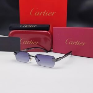 نظارات شمسية كارتييه رمادي غامق/فضي بدون إطار مستطيلة الشكل وعدسات بنفسجي متدرج Cartier Dark Silver Rimless Rectangular Purple Gradient Sunglasses